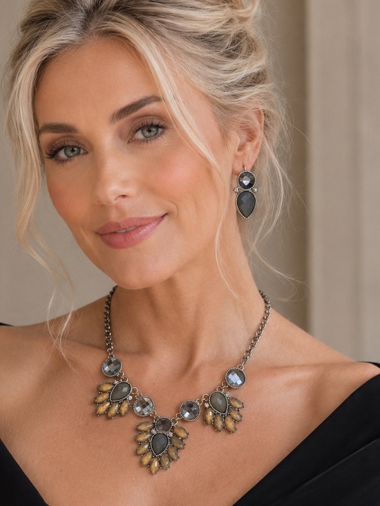 None Jewelry - 18 inch Flower Necklace  with Purple grayish/yellow faux stones and crys…
